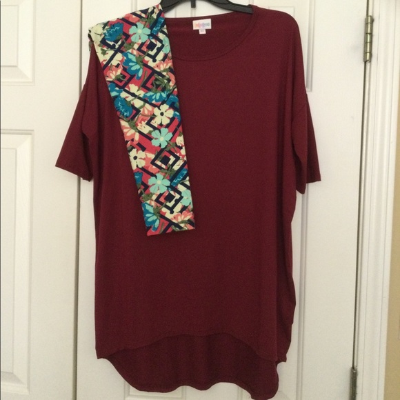 Lularoe New Outfit - XS Solid Dark Red Irma Tunic Top & Floral OS Leggings